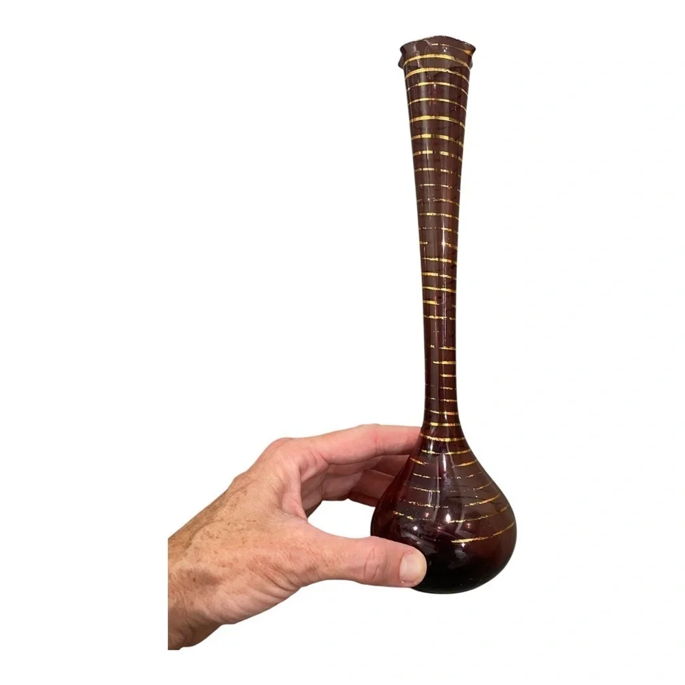 Elegant Handblown and Hand Decorated Purple and Gold Glass Vase- tall stem vase